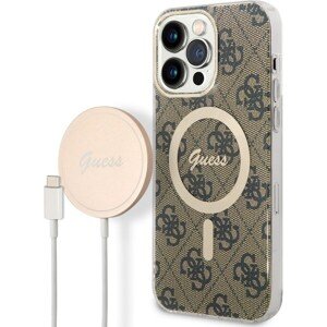 Guess 4G MagSafe Kompatibilný Zadný Kryt + Bezdrôtová Nabíjačka pre iPhone 14 Pro Max Brown