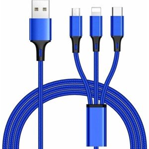 PremiumCord kábel USB 3v1 - USB-C / micro USB / Lightning modrý 1,2m