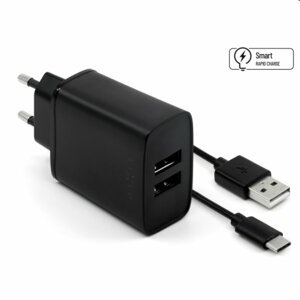 FIXED Sieťová nabíjačka Smart Rapid Charge s 2 x USB, 15W + kábel USB/USB-C 1m, čierna FIXC15-2UC-BK