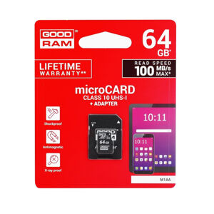 GOODRAM 12108
Pamäťová karta GOODRAM microSDHC 64GB UHS-I + adaptér (M1AA-0640R12)